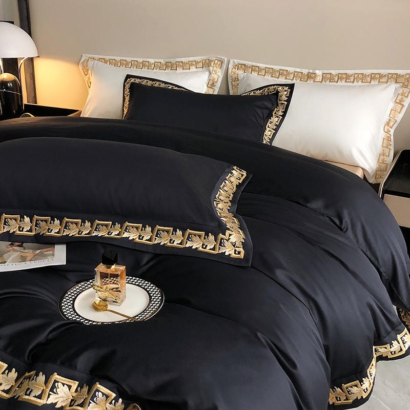 Luxury Black and White Baroque Pillowcases with Gold Embroidery - 100% Cotton