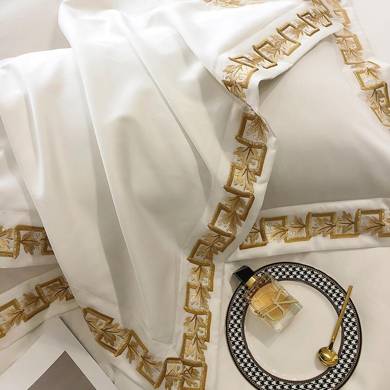 Luxury Black and White Baroque Pillowcases with Gold Embroidery - 100% Cotton