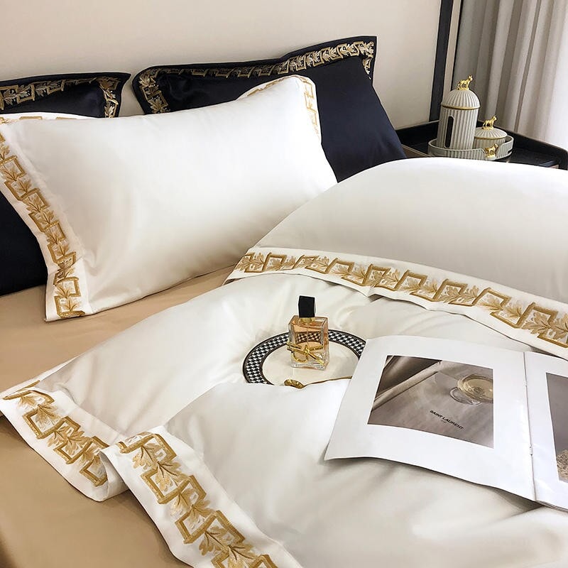 Luxury Black and White Baroque Pillowcases with Gold Embroidery - 100% Cotton