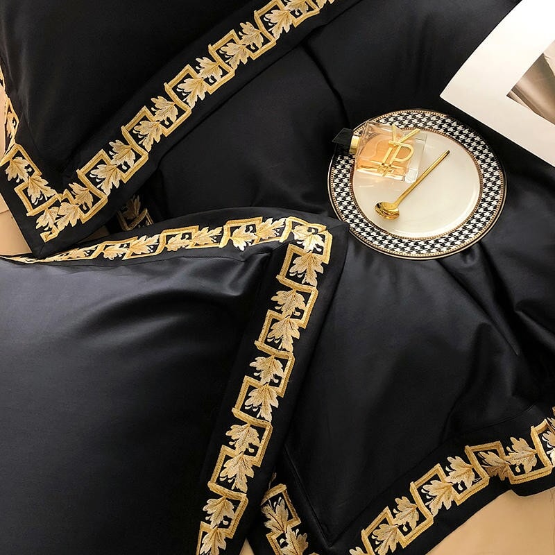 Luxury Black and White Baroque Pillowcases with Gold Embroidery - 100% Cotton